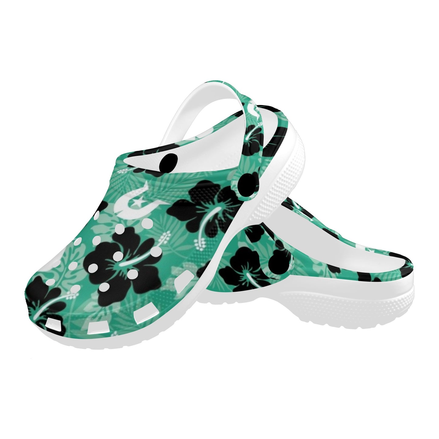 Black Hibiscus with White Dhari on Adults Clogs