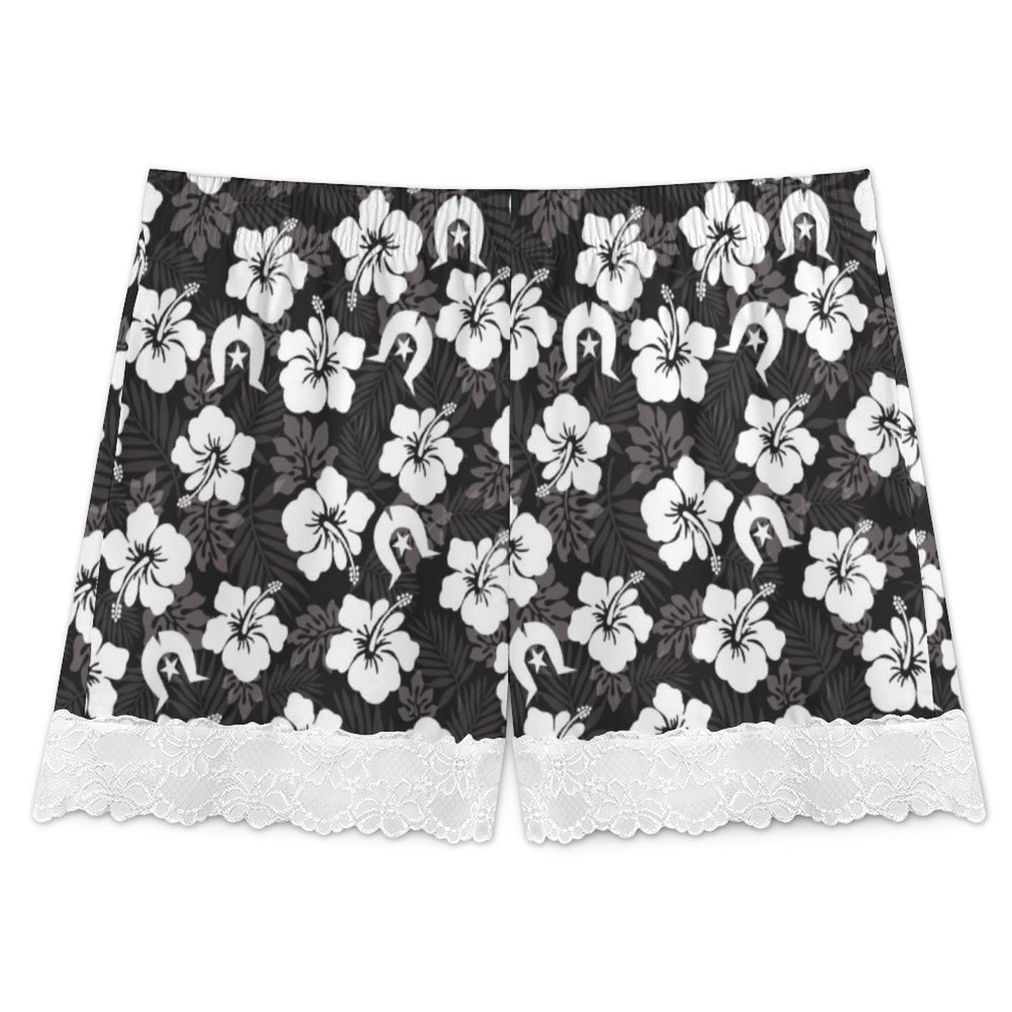 White Hibiscus and Dhari (Black) on 200gsm Women's Lace Trim Pajama Shorts