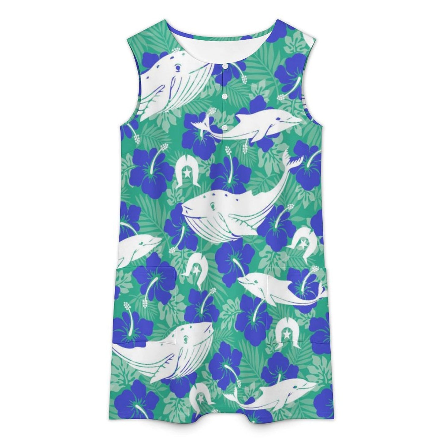 Royal Blue Hibiscus flowers with Whale, Dolphin and Dhari on Sleeveless Pocket Dress