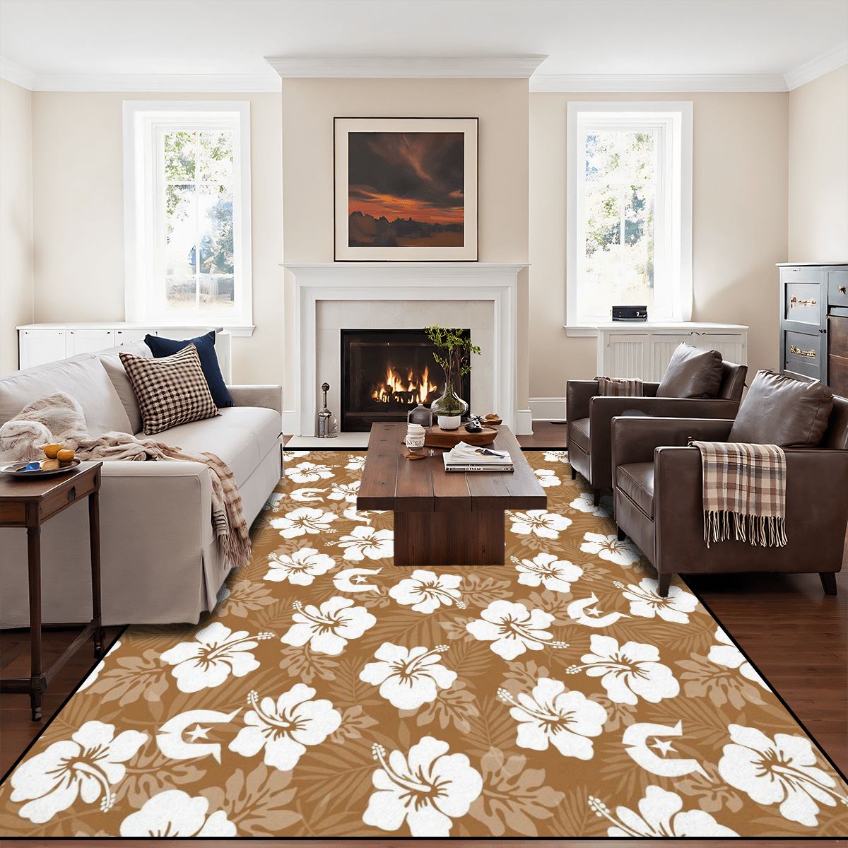 White Hibiscus flowers with Dhari (Brown) on Large Area Rug Floor Carpet