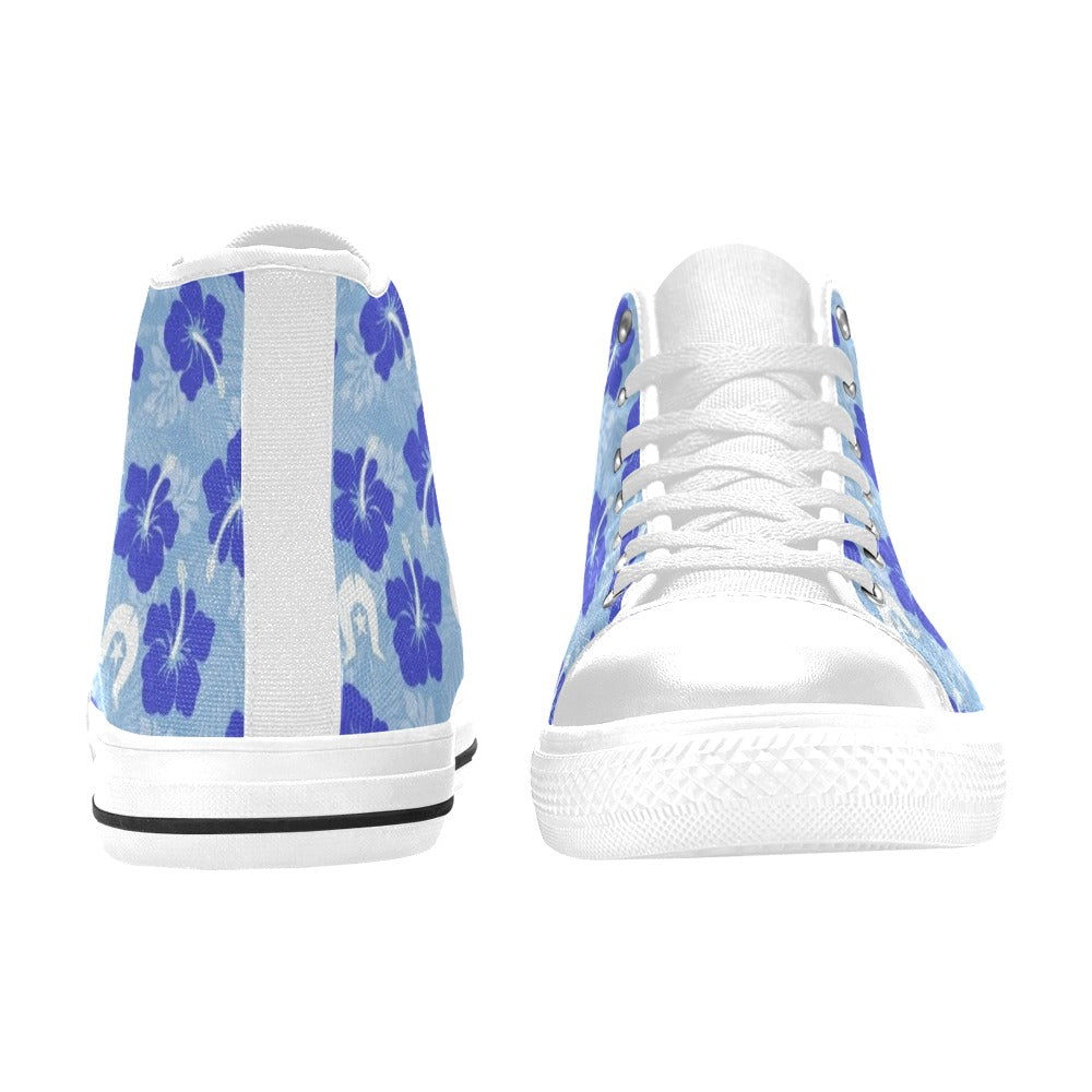 Hibiscus flowers with White Dhari (Sky blue) on Women's High Top Canvas Shoes