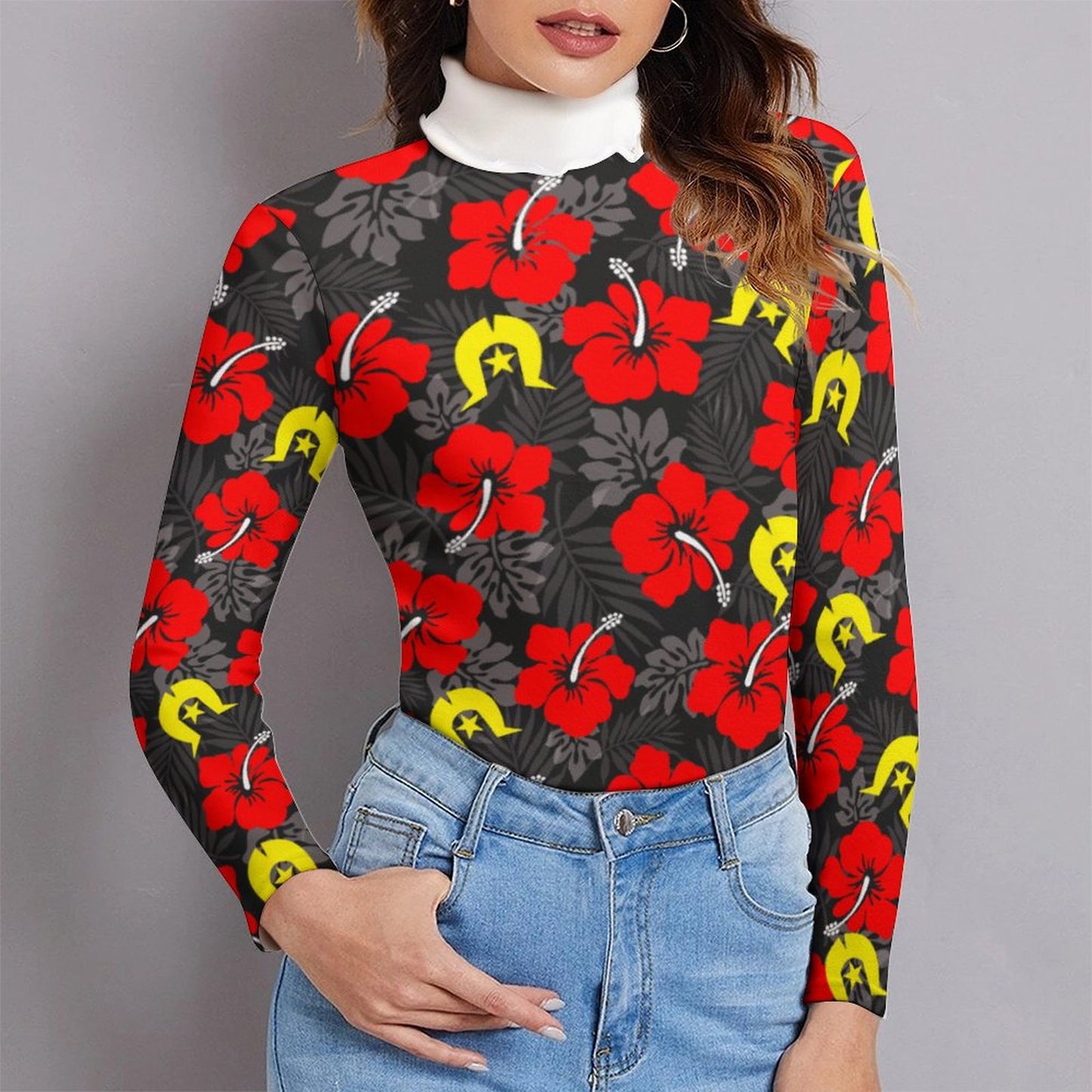 Royal Red Hibiscus with Yellow Dhari on Women Long Sleeve Turtleneck Sweater