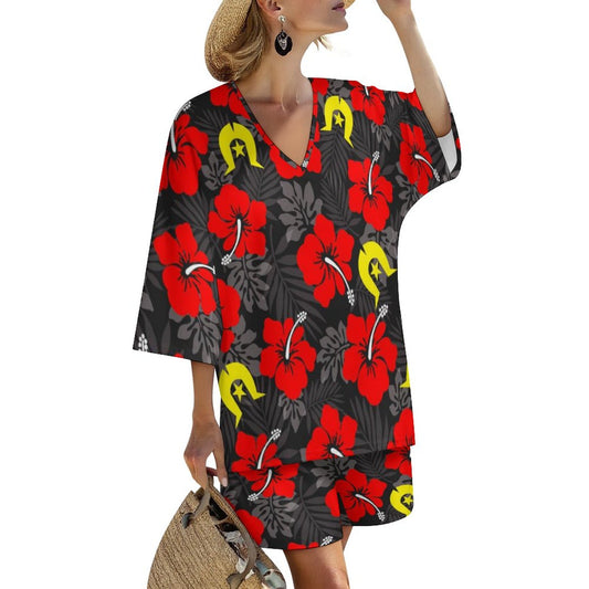 Royal Red Hibiscus with Yellow Dhari on Mediterranean Style V-Neck Suit