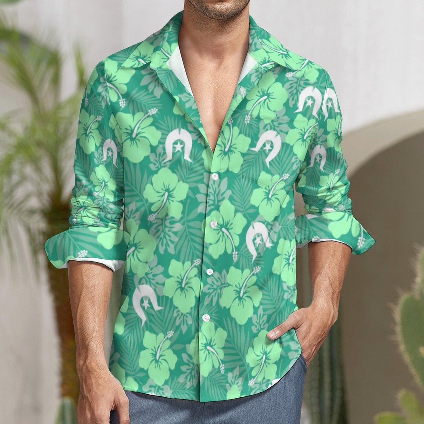 Hibiscus flowers with Dhari (Royal mint) on Men's Long Sleeve Shirt