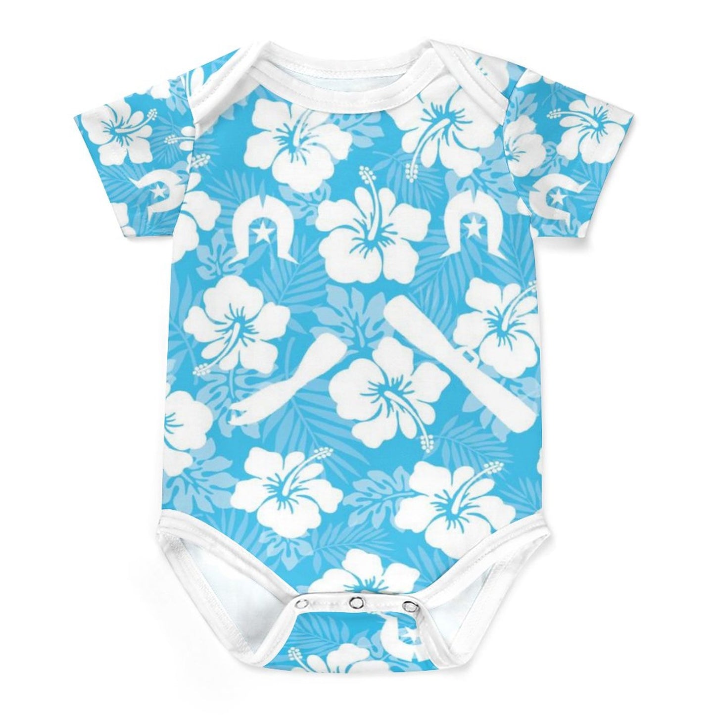 White Hibiscus flowers, Warup and Dhari on Faux Cotton Short Sleeve Baby Romper
