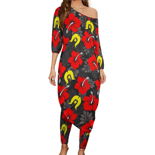 Royal Red Hibiscus with Yellow Dhari on Diagonal Shoulder Two Piece Set