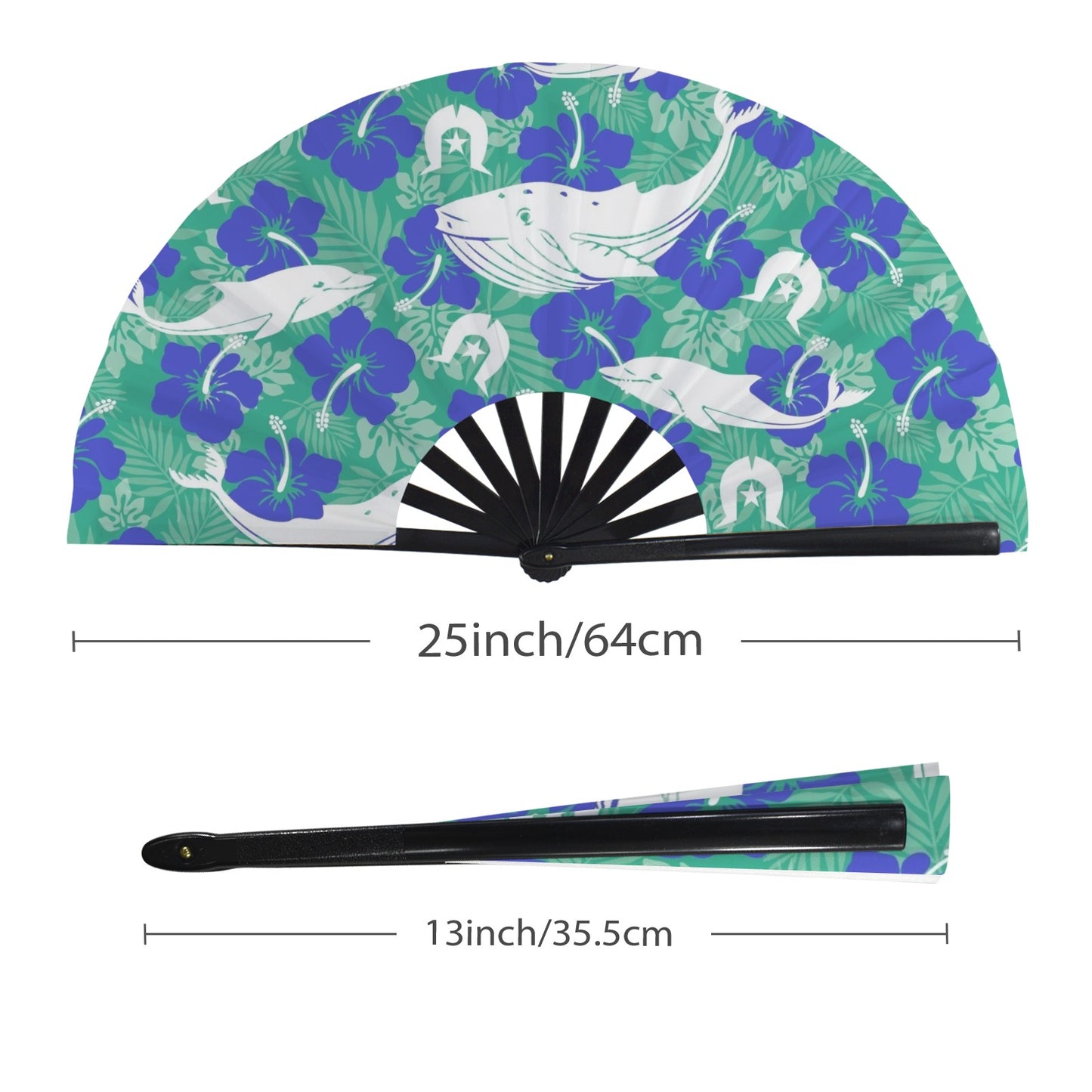 Royal Blue Hibiscus flowers with Whale, Dolphin and Dhari on Folding Clack Fan
