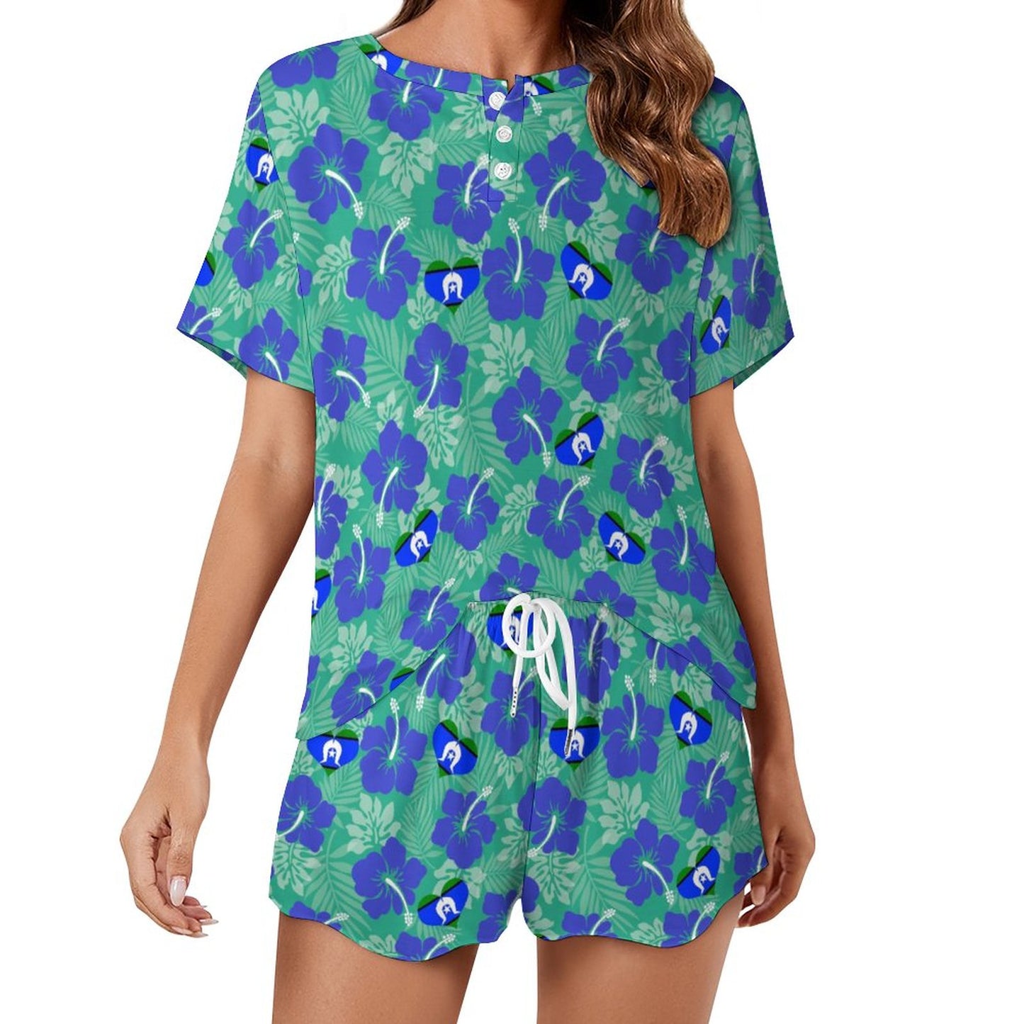 Hibiscus flowers with Torres Strait Heart Flag on Short Sleeve Loungewear Set