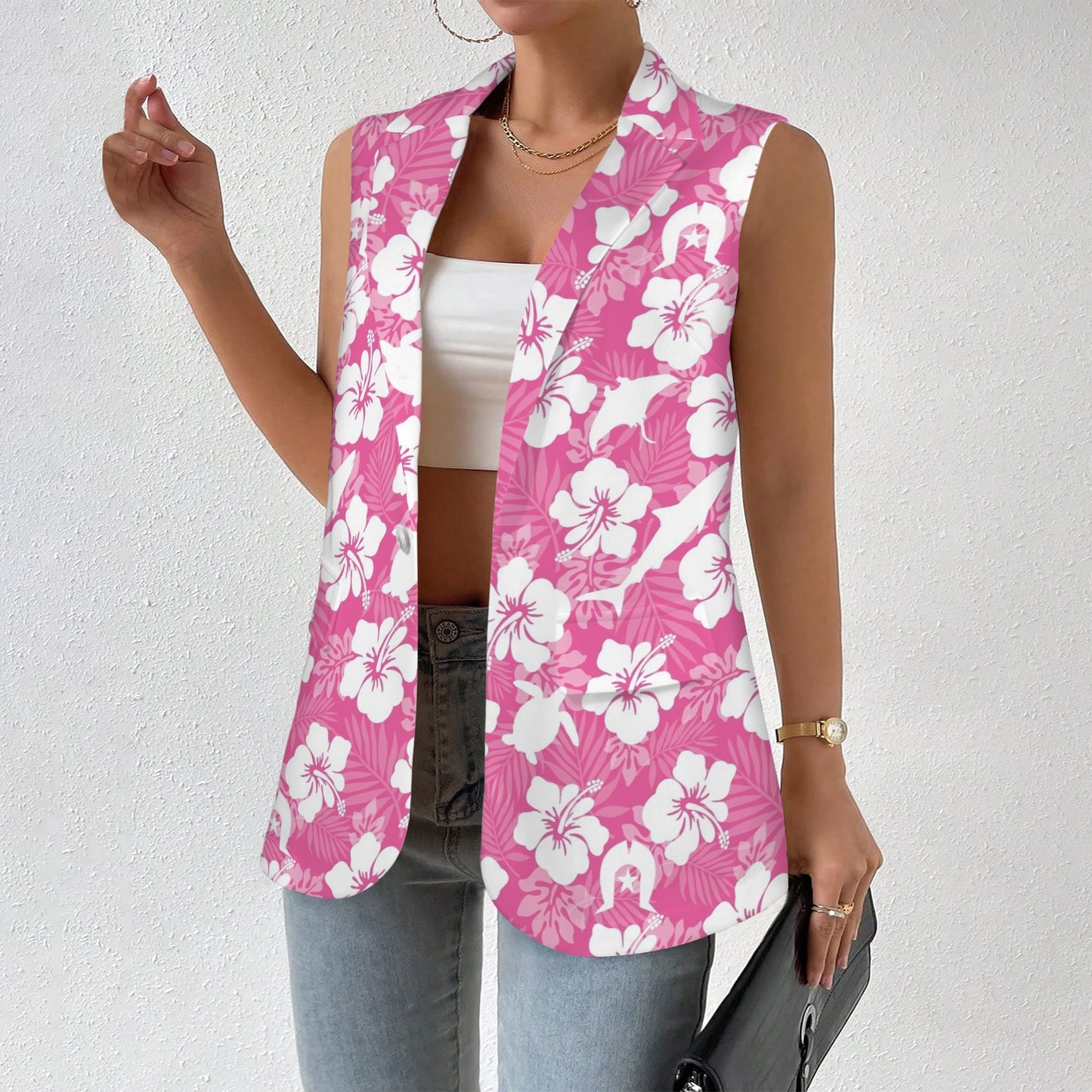 White hibiscus flowers with Dhari, Shark, turtle, and stingray (Pink) on Women Sleeveless Suit Vest