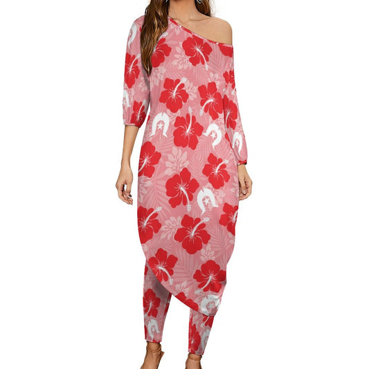 Hibiscus flowers with Dhari (Royal Pink) on  Diagonal Shoulder Two Piece Set