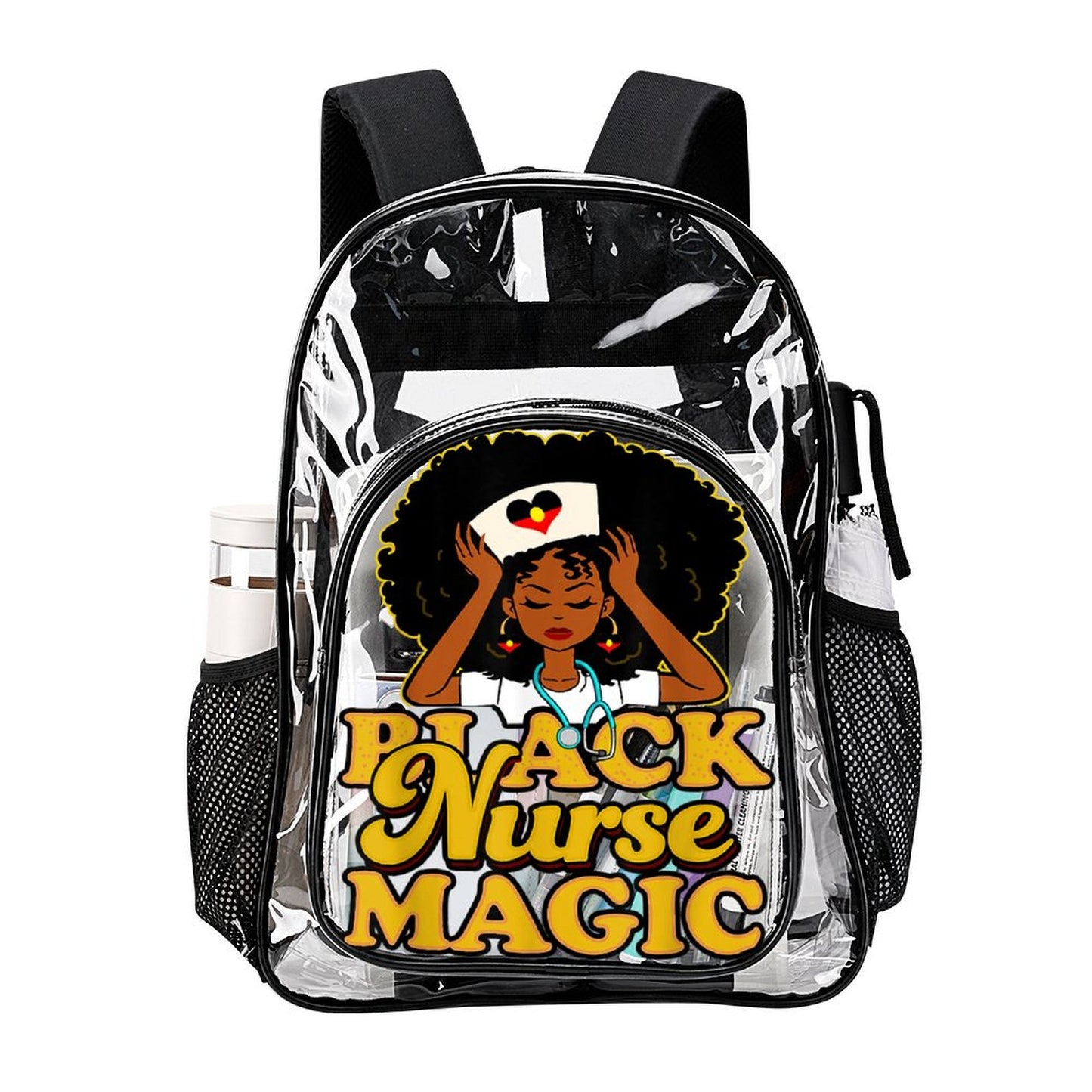 Black Nurse Magic with heart shaped Aboriginal flag on Clear Backpack