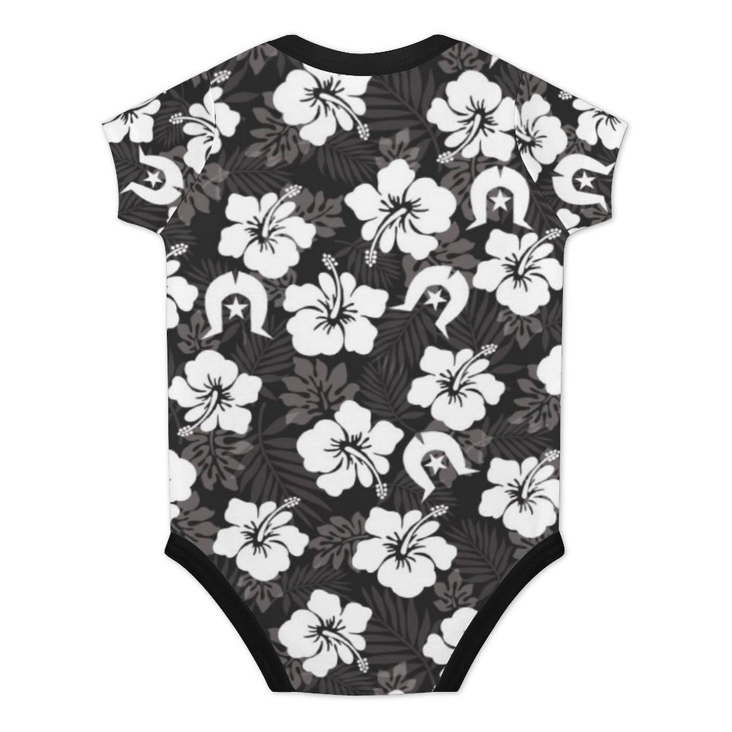 White Hibiscus and Dhari (Black) on Faux Cotton Short Sleeve Baby Romper