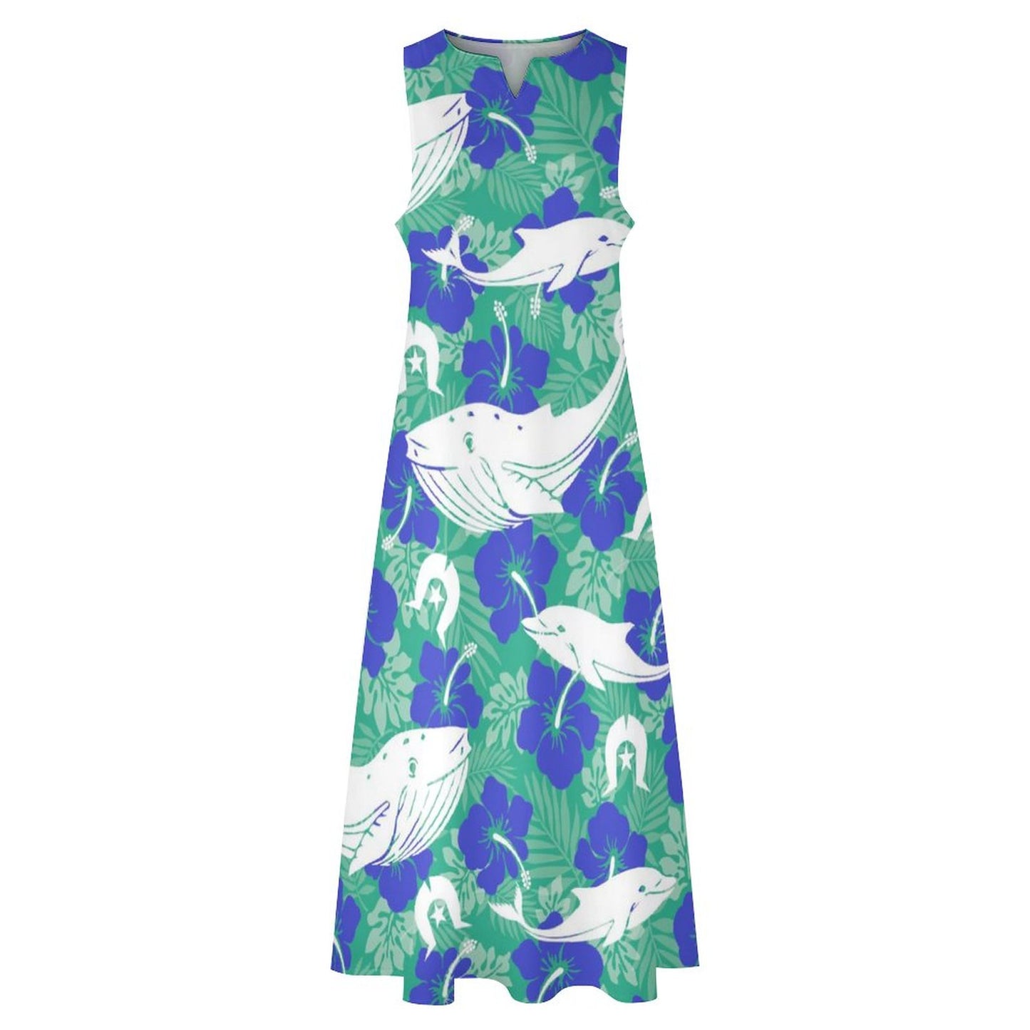Royal Blue Hibiscus flowers with Whale, Dolphin and Dhari on Sleeveless Ankle-length Dress