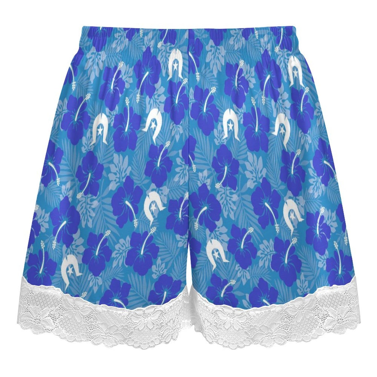 Hibiscus flowers with Dhari (Royal blue) on 200gsm Women's Lace Trim Pajama Shorts