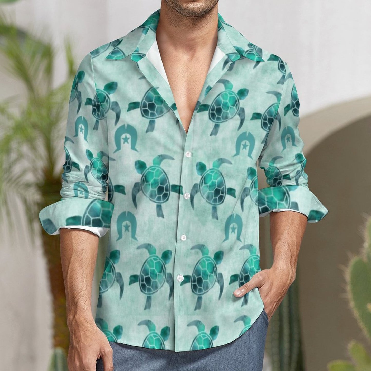 Aqua Turtle Pattern on Men's Long Sleeve Shirt