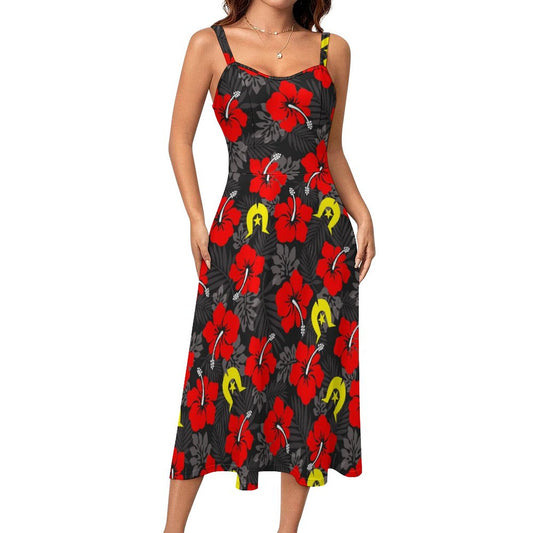 Royal Red Hibiscus with Yellow Dhari on Midi Spaghetti Strap Dress