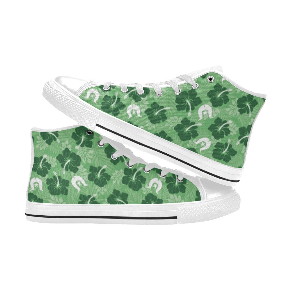 Hibiscus flowers with White Dhari (Sea Grass Green) on Women's High Top Canvas Shoes