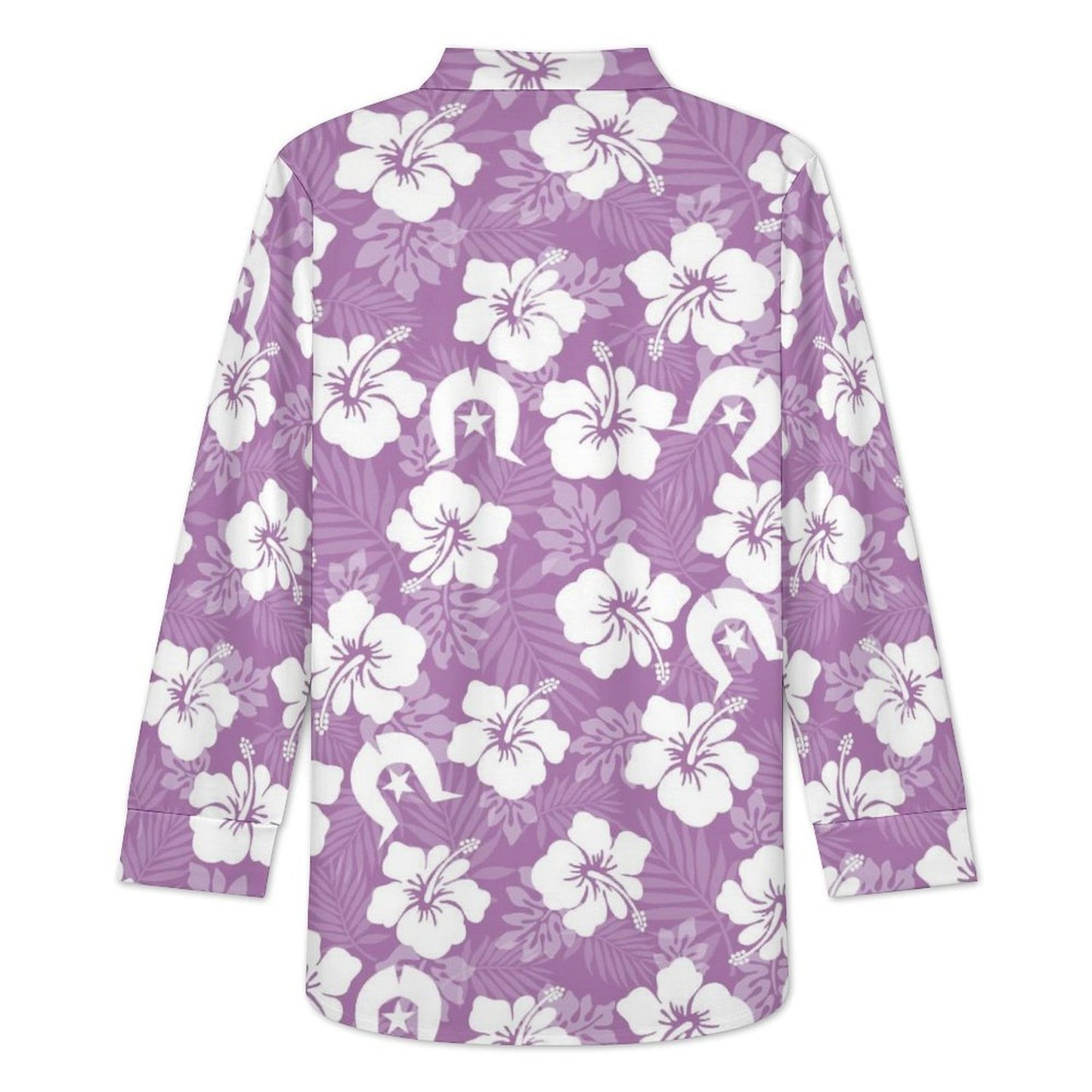 White Hibiscus and Dhari (Purple) on Women's Long Sleeve Shirt Dress