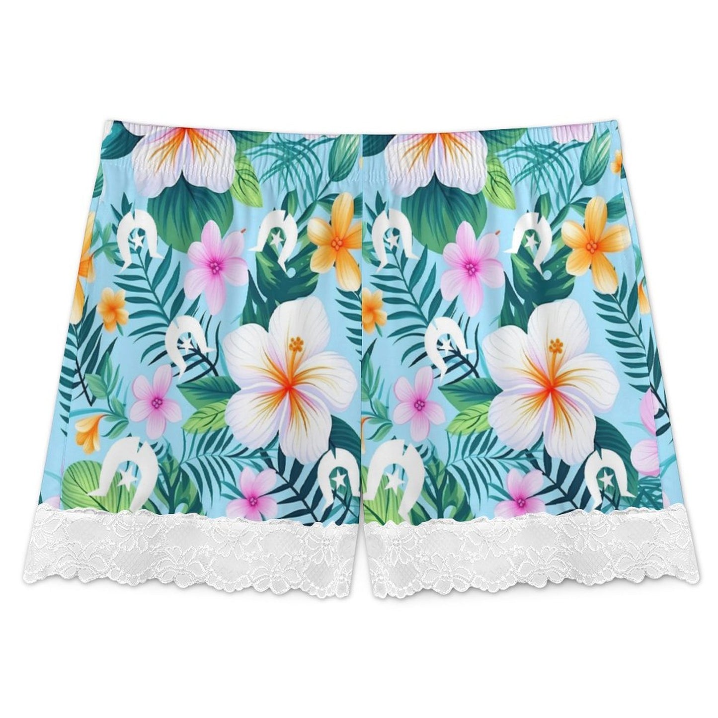 Pink Hibiscus flowers with White Dhari on 200gsm Women's Lace Trim Pajama Shorts