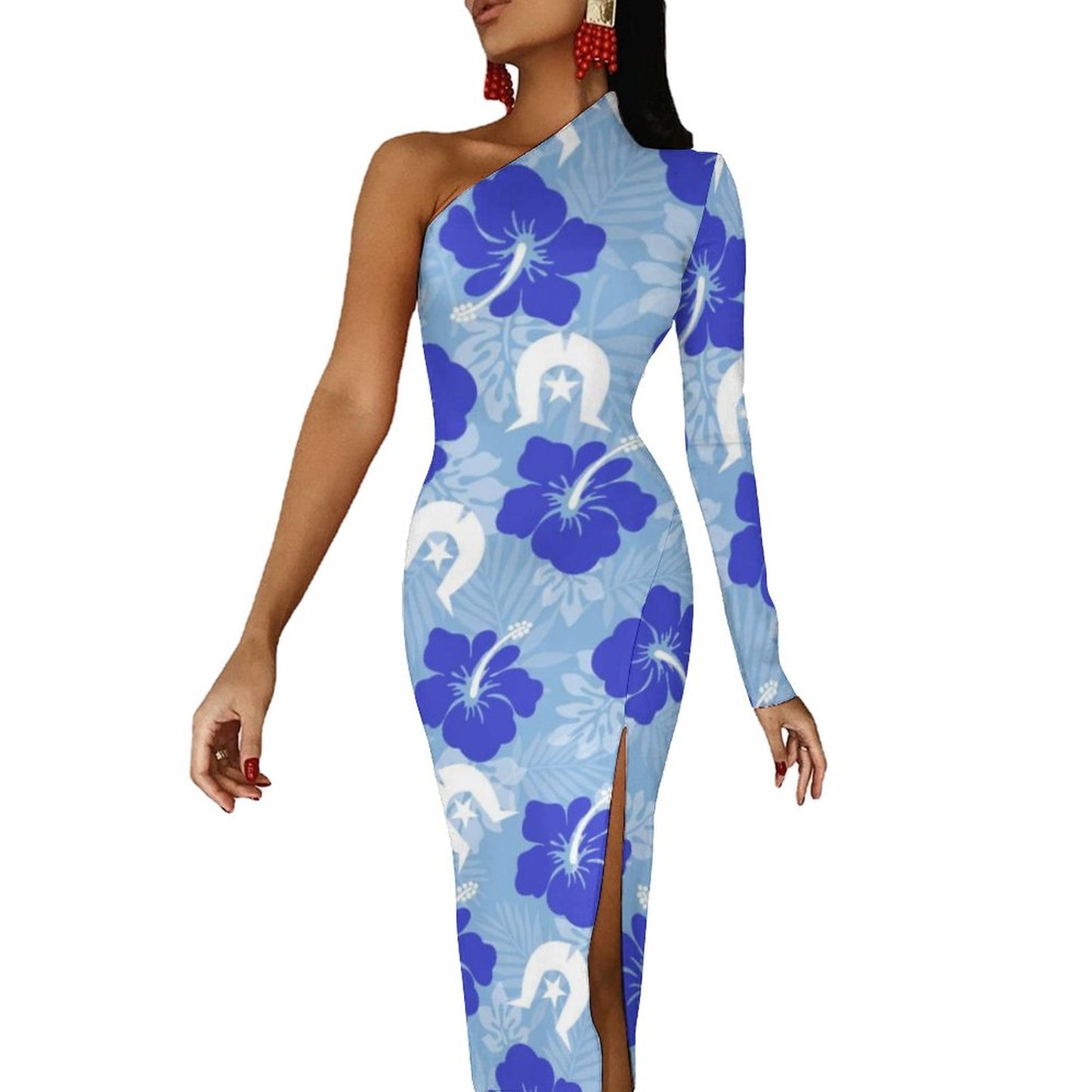 Hibiscus flowers with White Dhari (Sky blue) on One Shoulder Split Dress BIQ