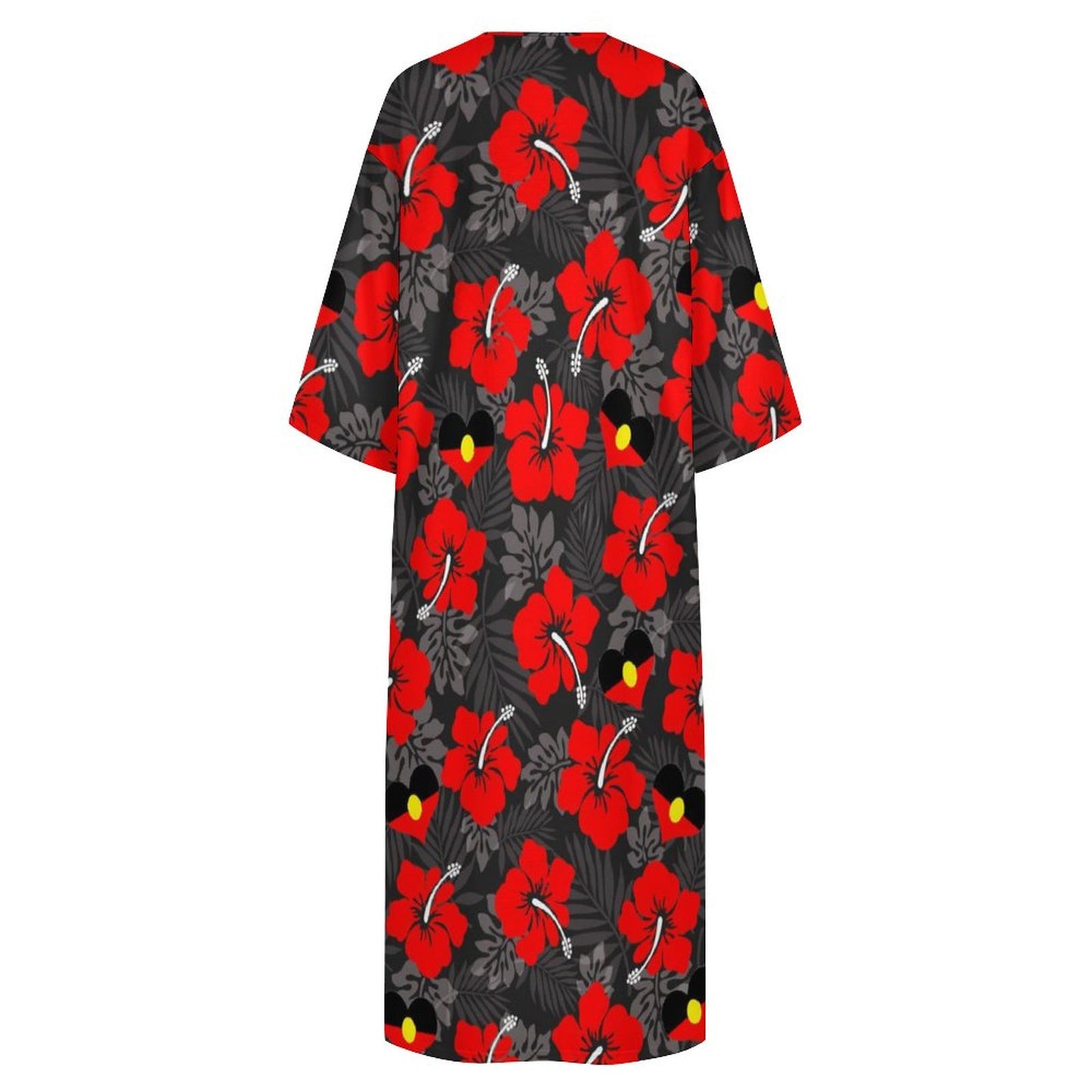 Red Hibiscus flowers with Aboriginal Heart-shaped flag on Mediterranean Style V Neck Mid-Sleeve Robe