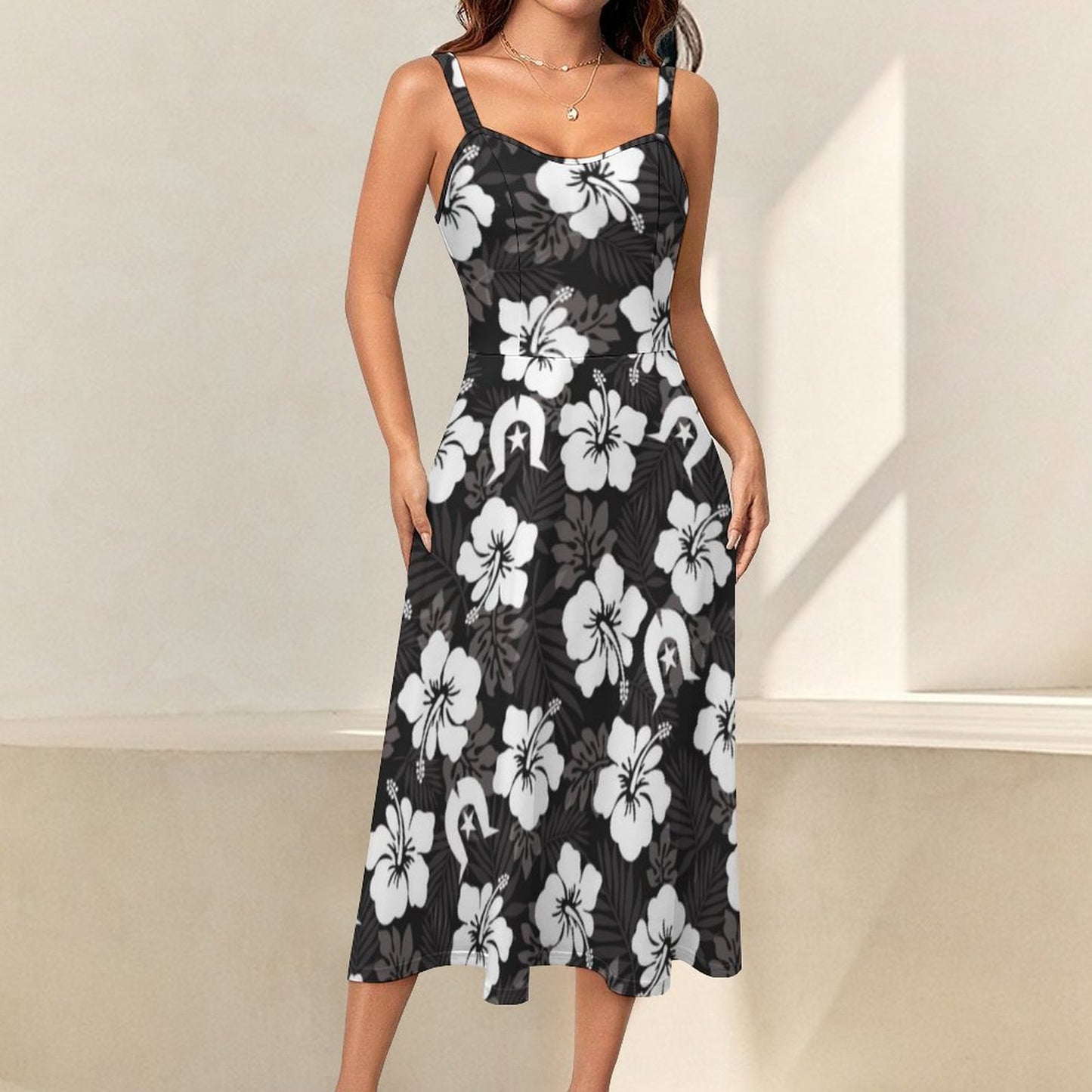 White Hibiscus and Dhari (Black) on Midi Spaghetti Strap Dress
