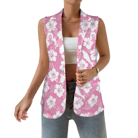 White Hibiscus flowers with Dugong, Turtle and Dhari on Women Sleeveless Suit Vest