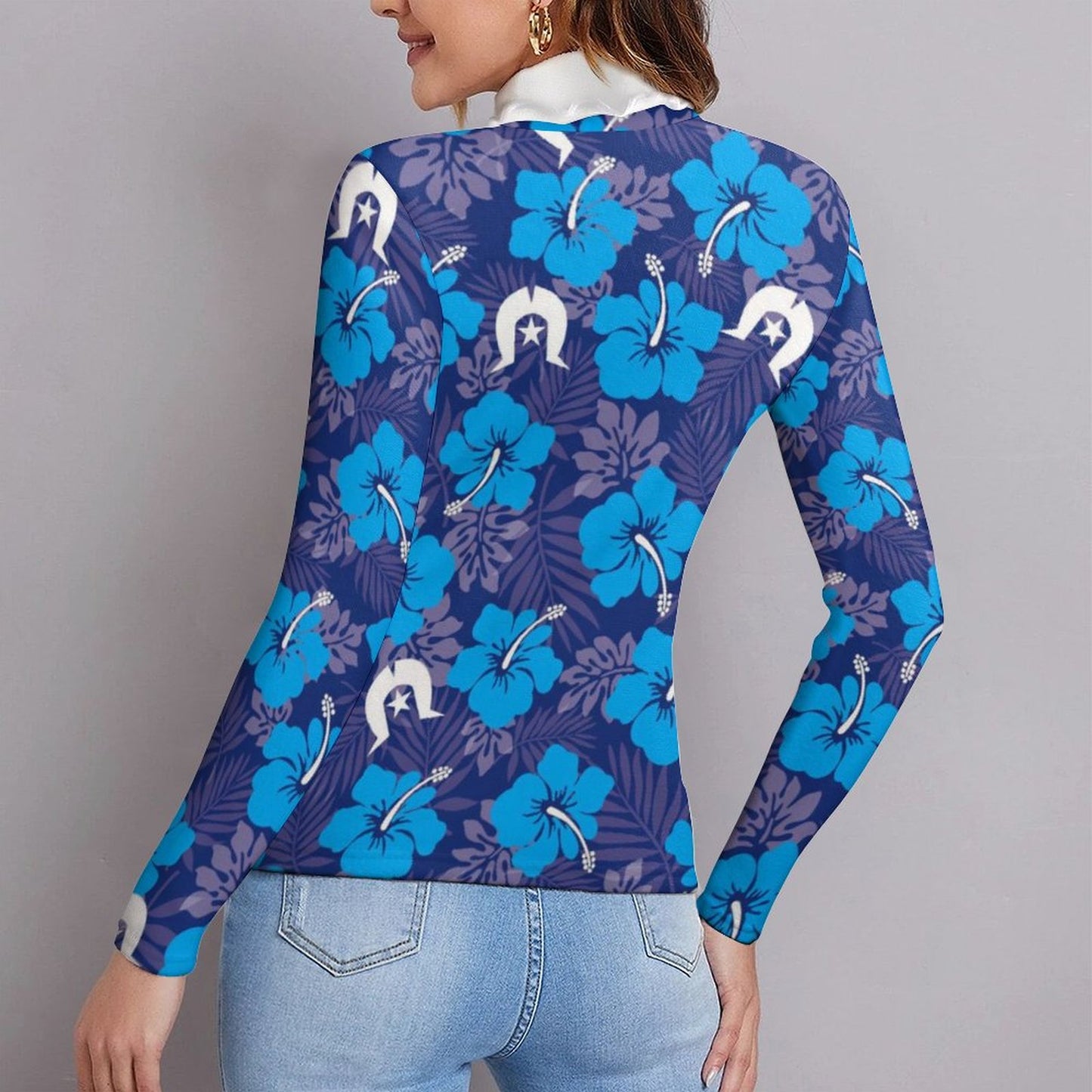 Hibiscus flowers with White Dhari (Royal blue) on Women Long Sleeve Turtleneck Sweater
