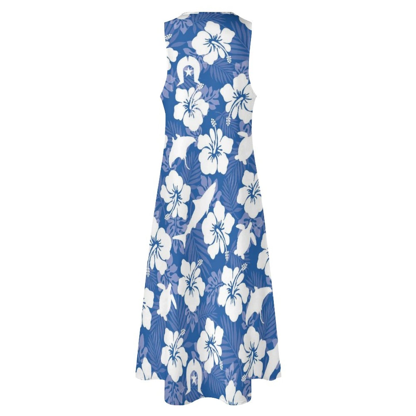 White hibiscus flowers with Dhari, Shark, turtle, and stingray on Sleeveless Ankle-length Dress