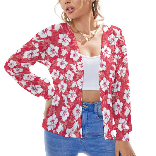 White Hibiscus flowers with Crocodile and Turtle on Long Sleeve Drop Shoulder Open Shirt