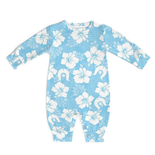 White Hibiscus and Dhari (blue) on Baby Romper
