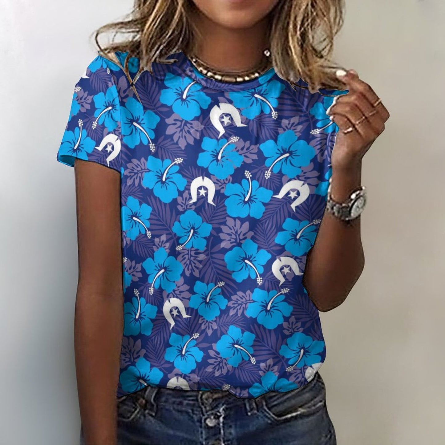 Hibiscus flowers with White Dhari (Royal blue) on Cotton Summer Short Sleeve T-Shirts for Women