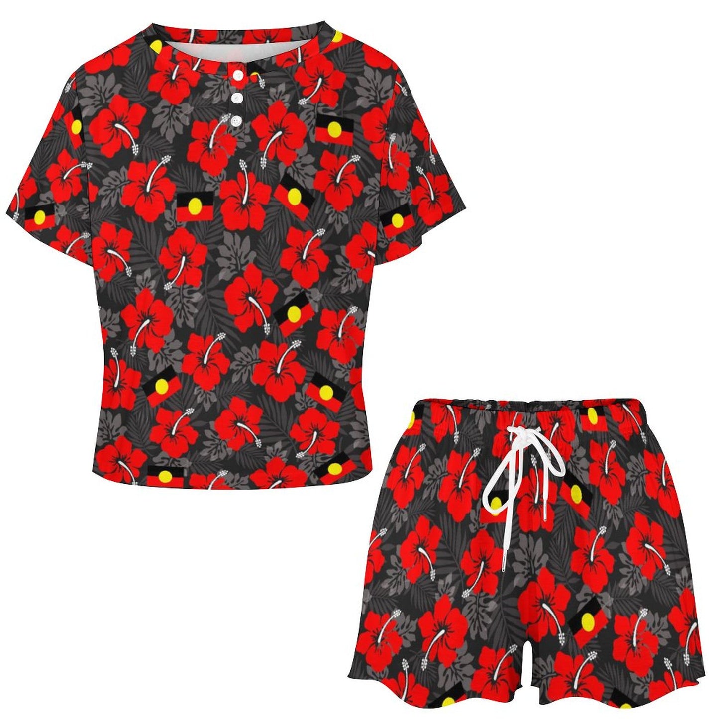 Royal Red Hibiscus and Aboriginal flag on Short Sleeve Loungewear Set