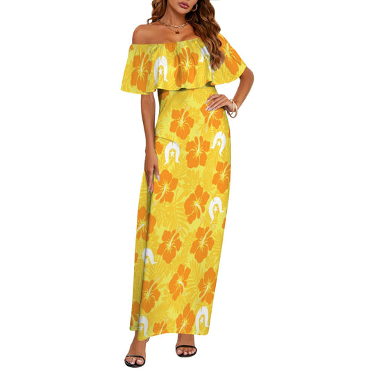 Hibiscus flowers with Dhari (Gold) on Women's Off Shoulder Ruffle Boat Neck Dress