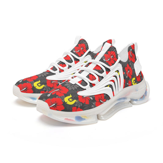 Royal Red Hibiscus with Yellow Dhari on Unisex Low Top Mesh Sneakers