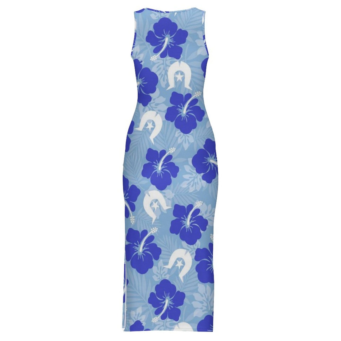 Hibiscus flowers with White Dhari (Sky blue) on 180gsm Slit Fitted Camisole Cheongsam