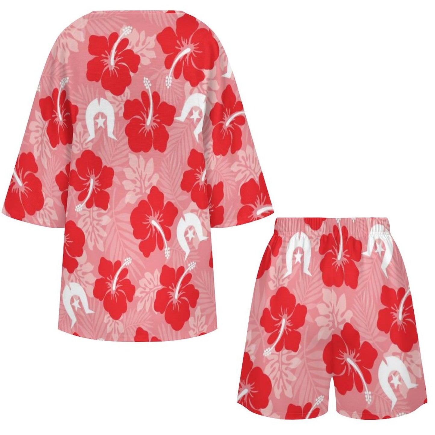 Hibiscus flowers with Dhari (Royal Pink) on Mediterranean Style V-Neck Suit