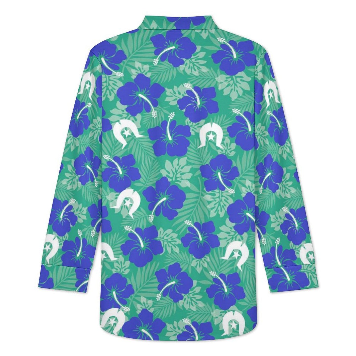 Blue Hibiscus flowers with Dhari on Women's Long Sleeve Shirt Dress