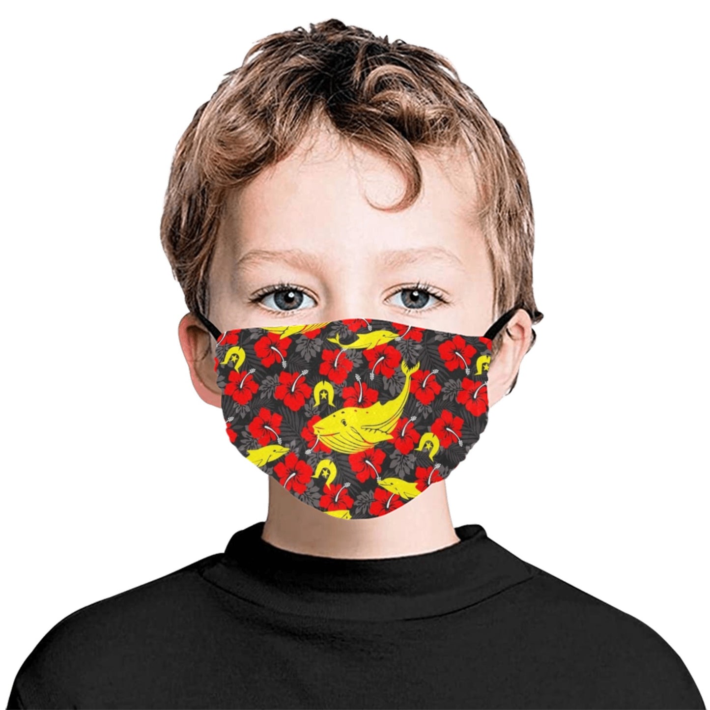 Royal Red Hibiscus with Yellow Dhari, Whale and Dolphin on Cotton Facemask with Adjustable Strip (ModelM07)(Made In AUS)