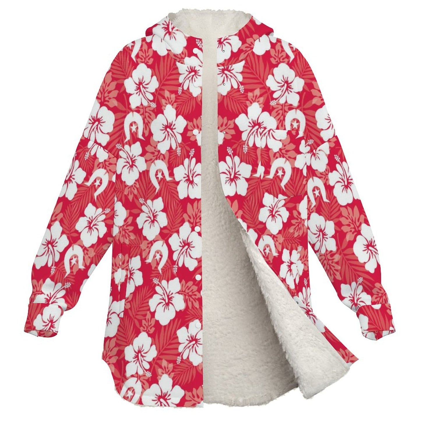 White Hibiscus flowers with Dhari (Red) on Women's Full Snap Fleece Jacket