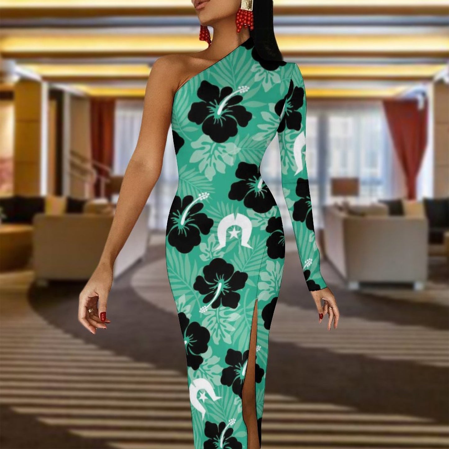 Black Hibiscus with White Dhari on One Shoulder Split Dress BIQ