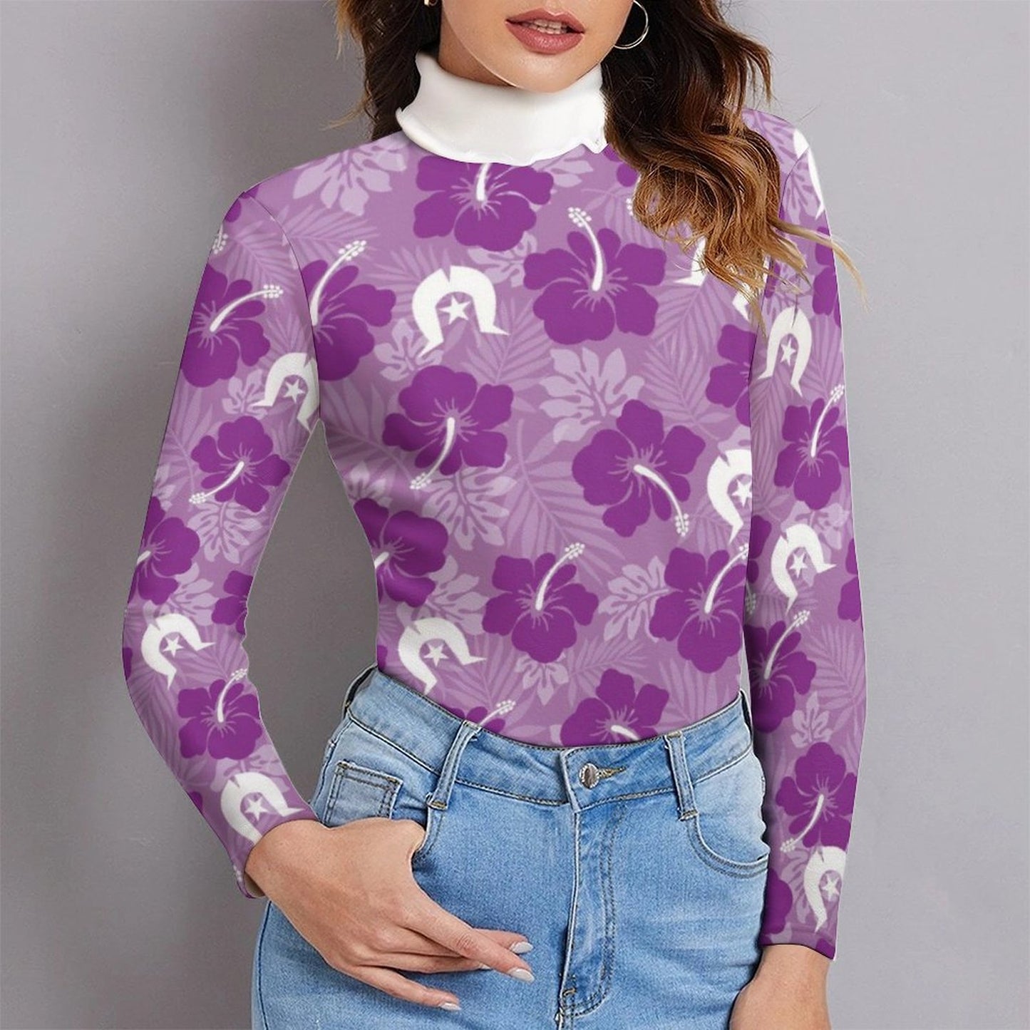 Hibiscus flowers with Dhari (Royal purple) on Women Long Sleeve Turtleneck Sweater