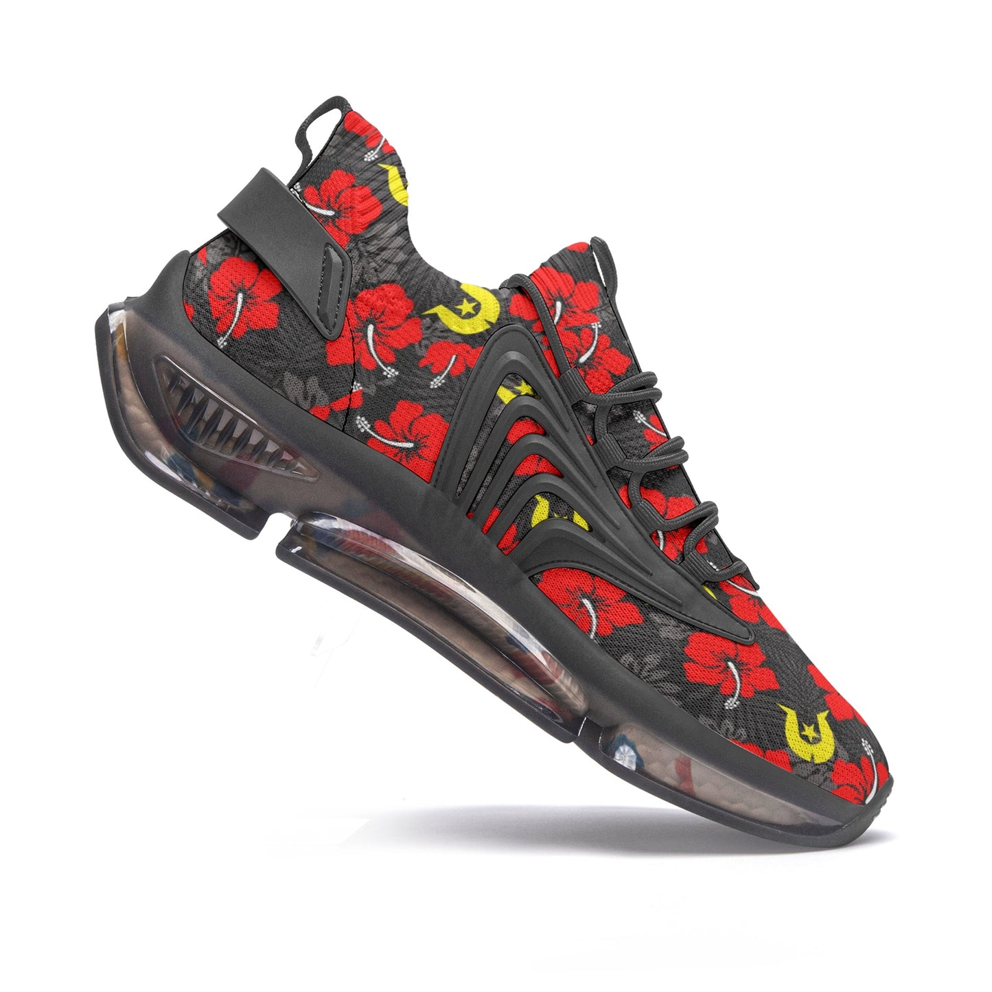 Royal Red Hibiscus with Yellow Dhari on Unisex Low Top Mesh Sneakers