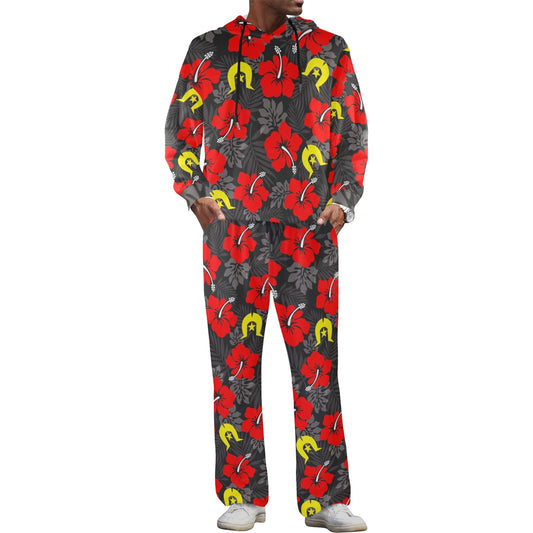 Royal Red Hibiscus with Yellow Dhari on Men's Streetwear Oversized Flared Tracksuit