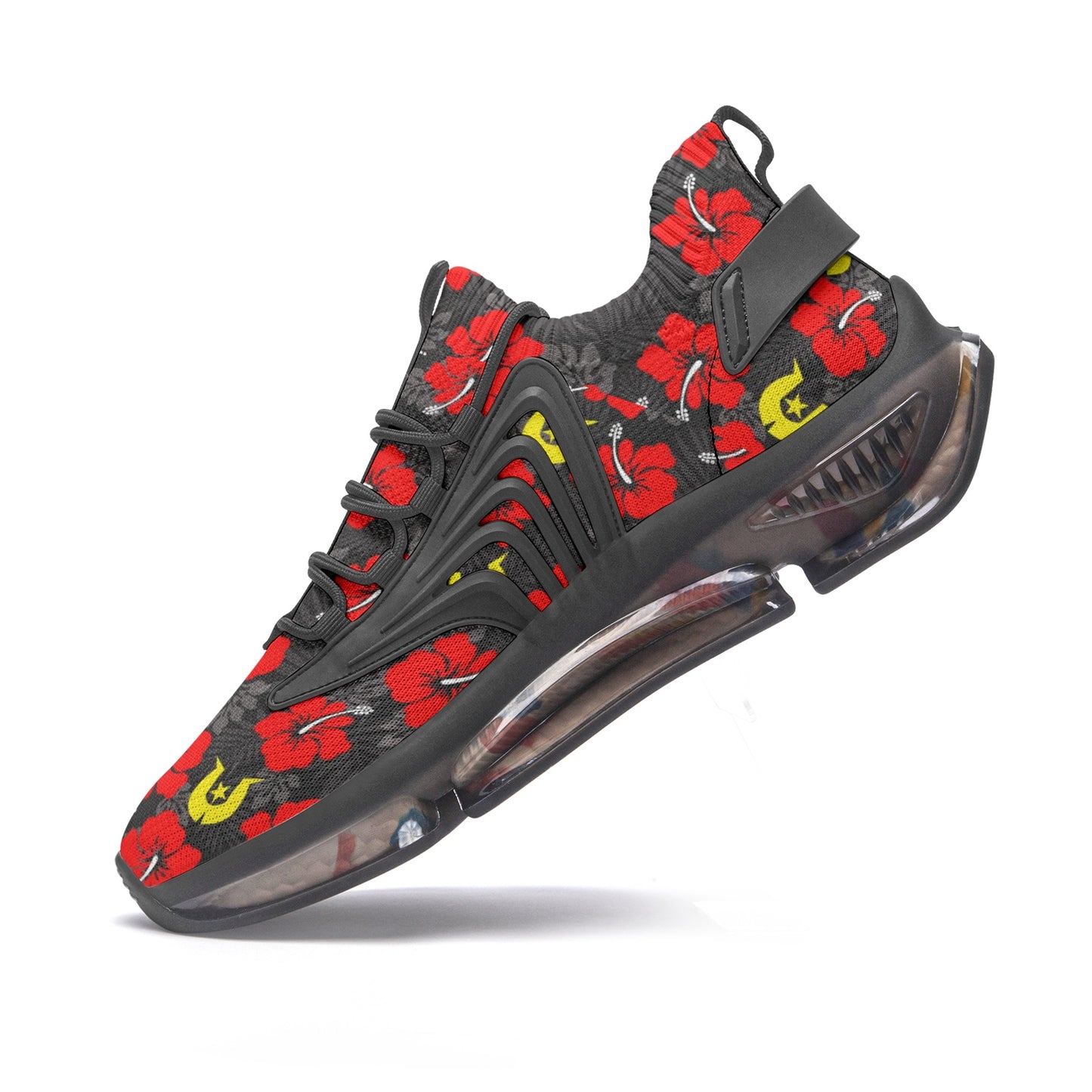 Royal Red Hibiscus with Yellow Dhari on Unisex Low Top Mesh Sneakers