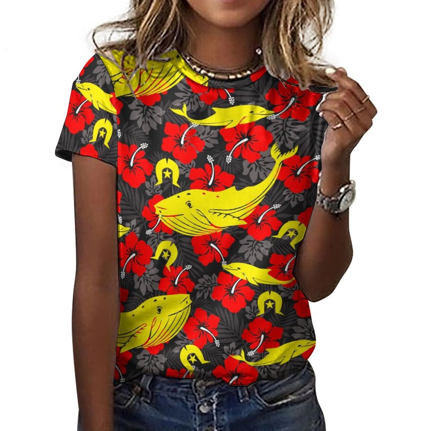 Royal Red Hibiscus with Yellow Dhari, Whale and Dolphin on Cotton Summer Short Sleeve T-Shirts for Women