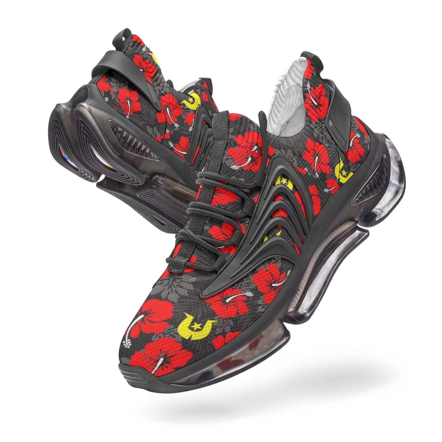 Royal Red Hibiscus with Yellow Dhari on Unisex Low Top Mesh Sneakers