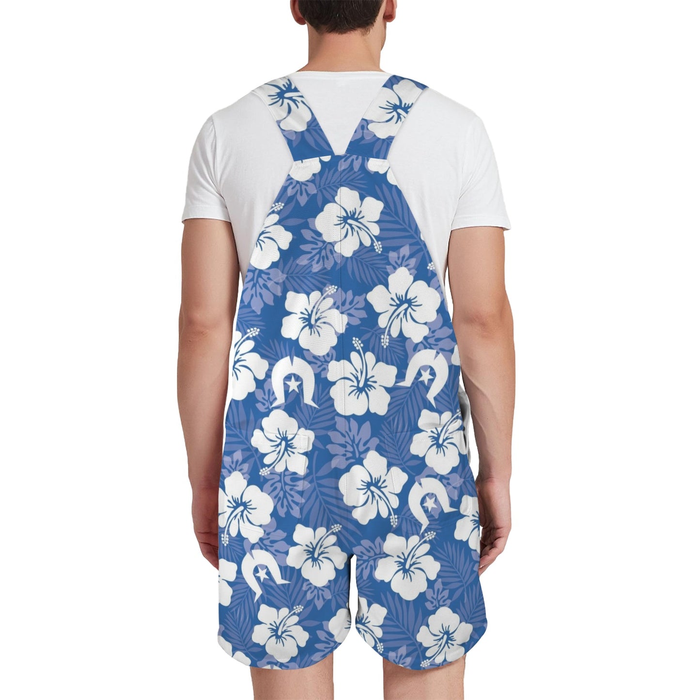 White Hibiscus flowers with Dhari (Blue) on Unisex Suspender Jumpsuit