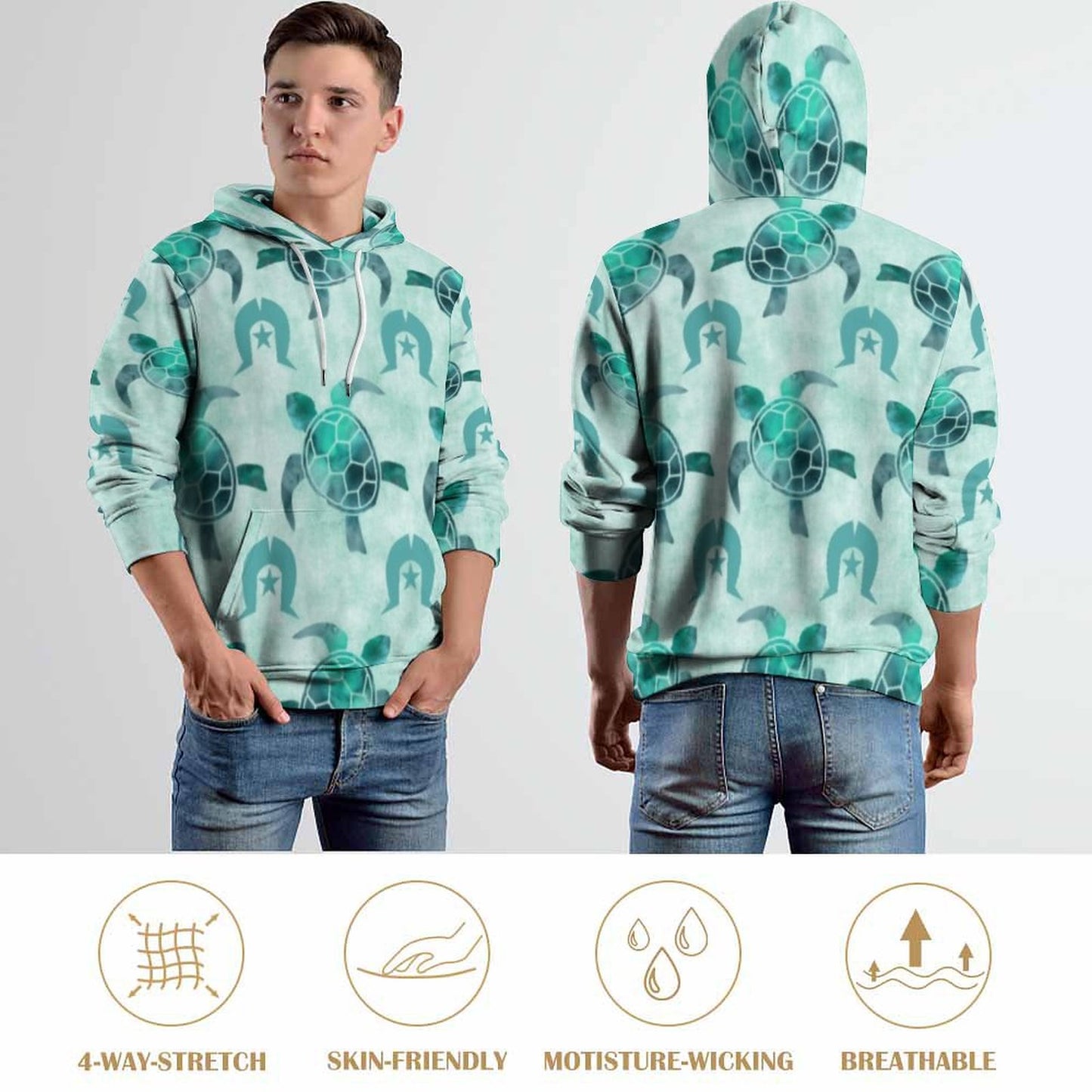 Aqua Turtle Pattern on Men's Cool Hoodie with Double-layer Cap