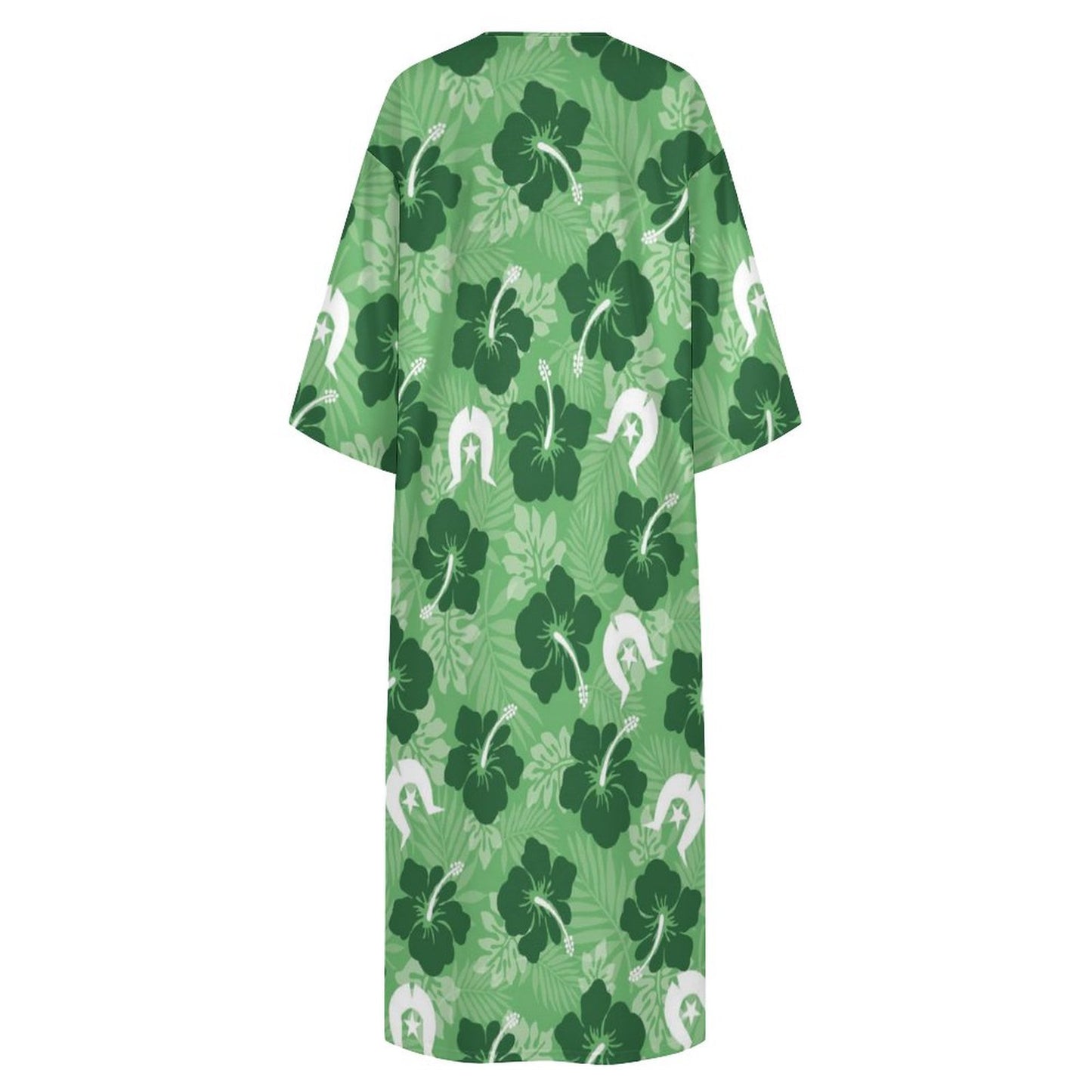 Hibiscus flowers with Dhari (Sea Grass Green) on Mediterranean Style V Neck Mid-Sleeve Robe